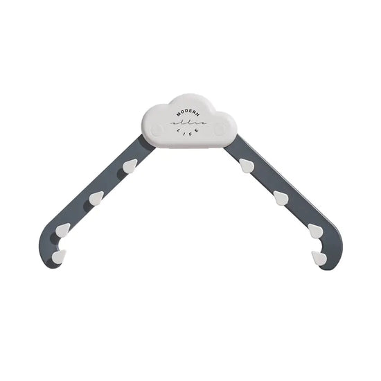 Foldable cloud-shaped clothes hanger with gray arms and white hooks, minimalist design