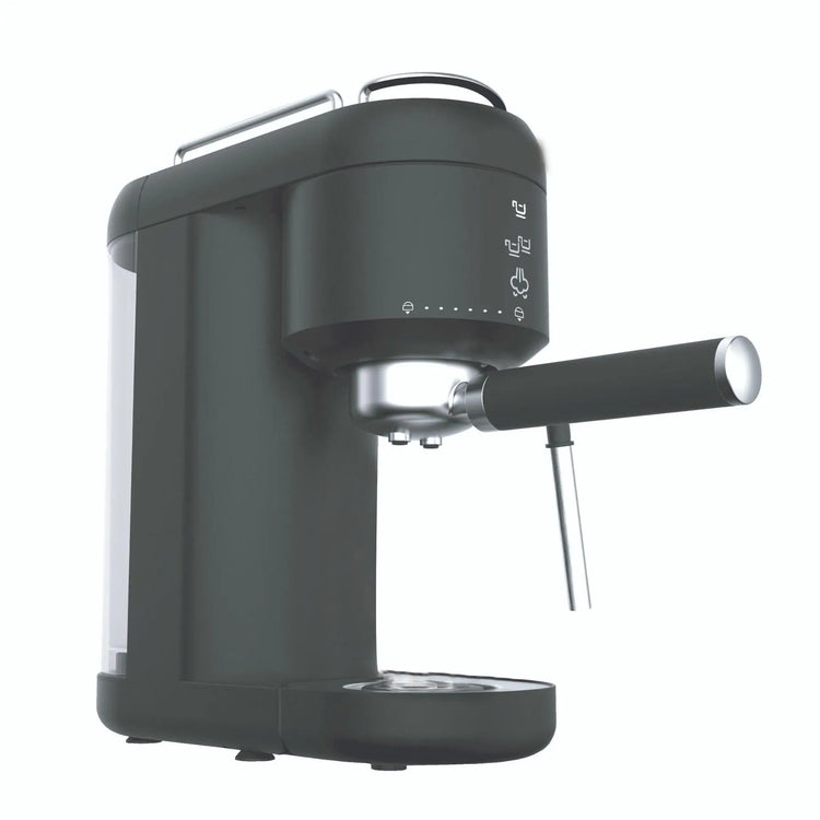 Modern black espresso machine with steam wand and control icons on a white background