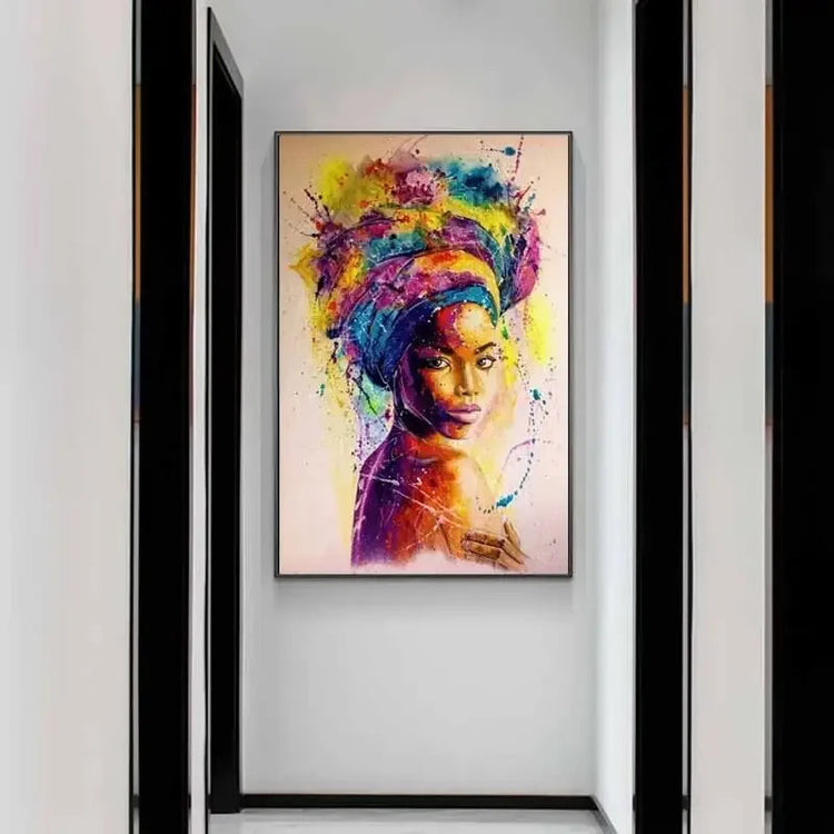 Colorful African woman portrait painting hanging in modern hallway