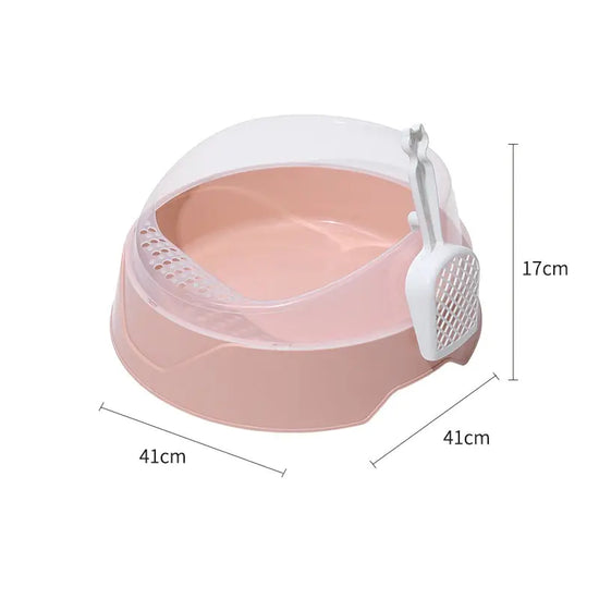 Pink round cat litter box with scoop and transparent shield, 41x41x17cm dimensions shown