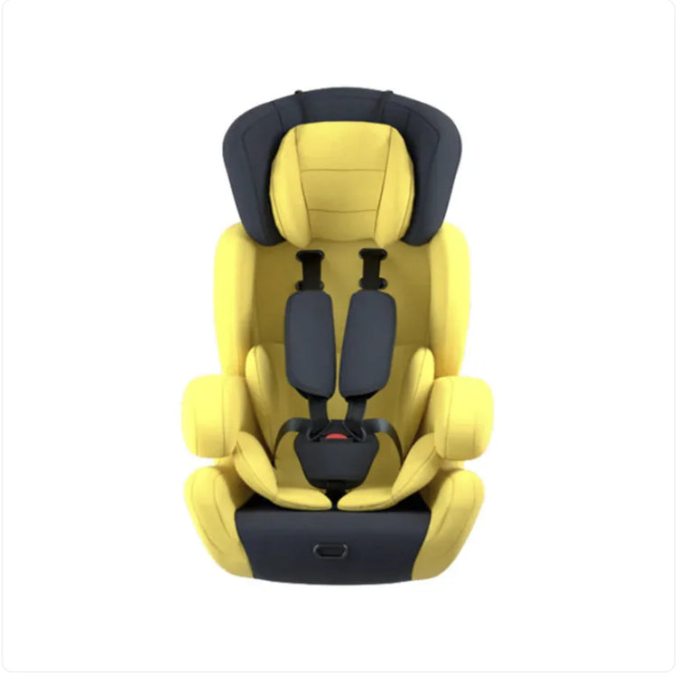 Yellow and black child car seat with harness on white background