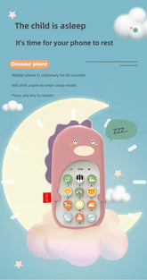 Pink dinosaur-shaped toy phone with colorful buttons, resting on a cloud, moon and stars background.