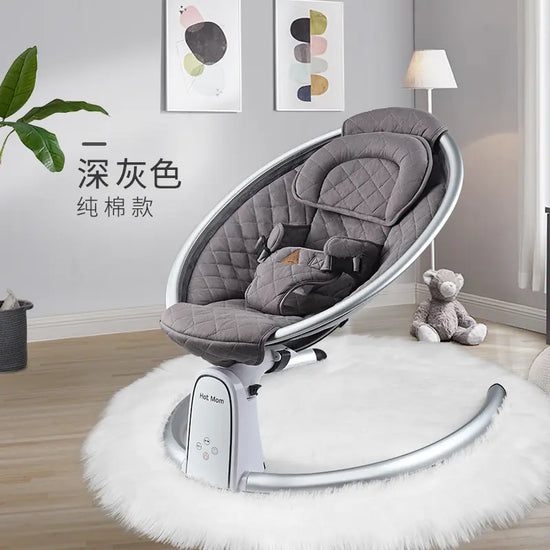 Gray quilted baby rocker chair in modern nursery with plush rug and decor