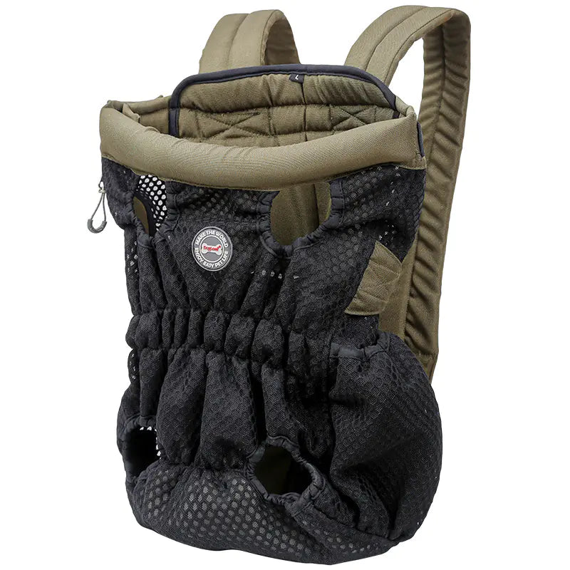 Black and khaki breathable mesh pet carrier backpack with padded shoulder straps