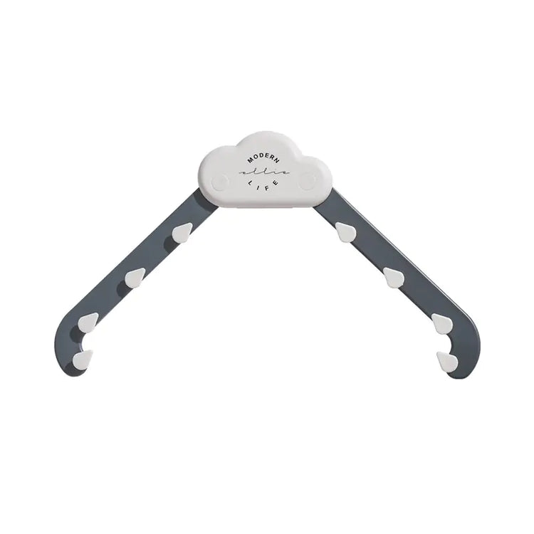 Foldable cloud-shaped clothes hanger with gray arms and white hooks, minimalist design