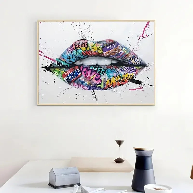 Colorful graffiti lips wall art in modern dining room with white decor.