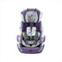 Purple child car seat with colorful polka dots and five-point harness