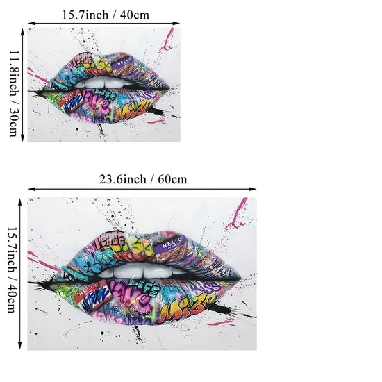 Two canvas prints of colorful graffiti lips art with size dimensions 40x30cm and 60x40cm