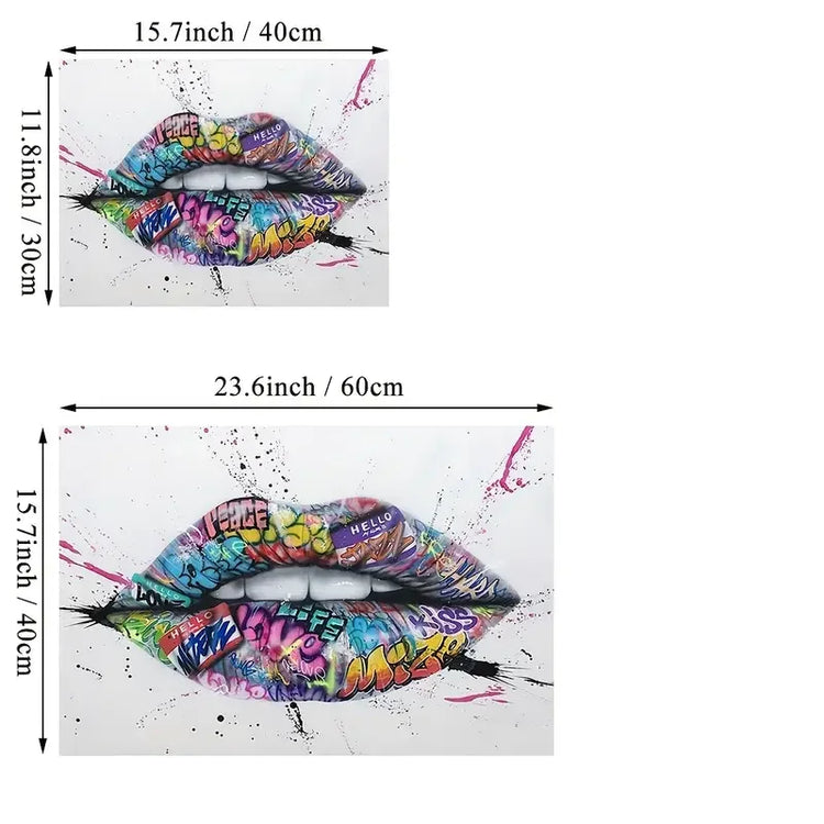 Two canvas prints of colorful graffiti lips art with size dimensions 40x30cm and 60x40cm