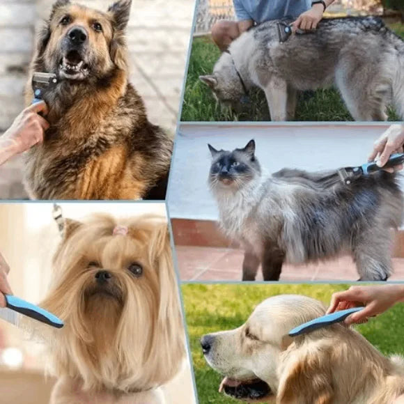 Pet grooming comb used on various dogs and a long-haired cat for shedding control