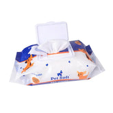Pet Soft pet wipes pack with cartoon dogs and open lid on white background