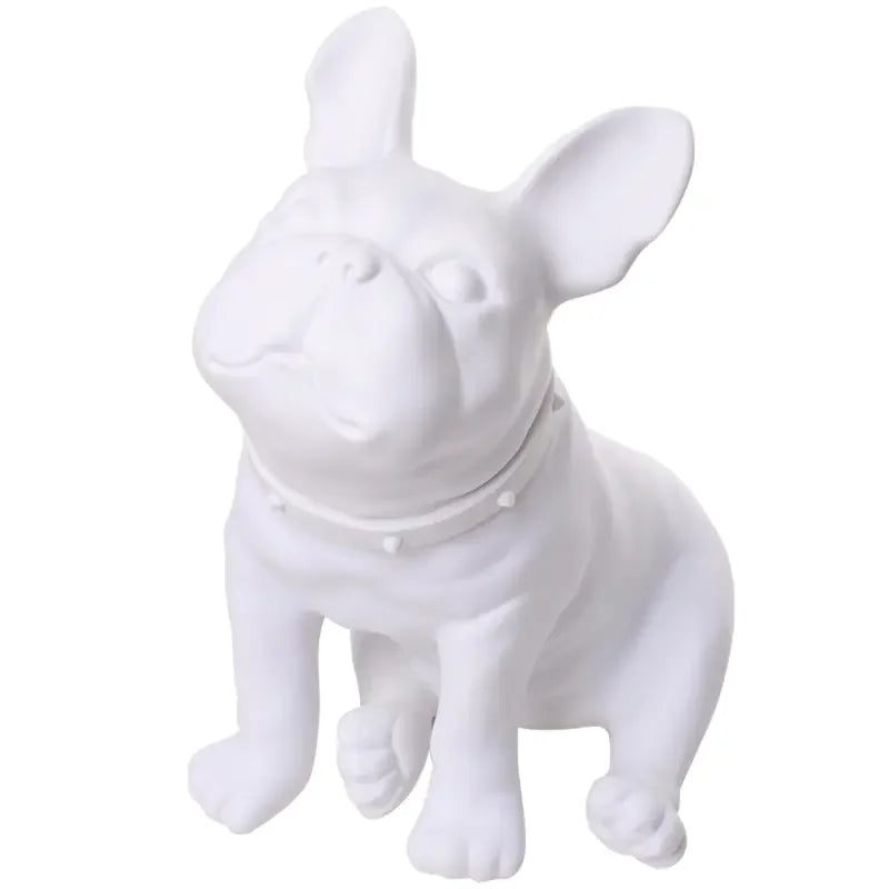 White ceramic French bulldog figurine with collar, modern dog statue decor