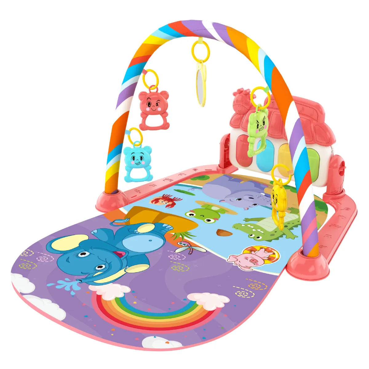 Colorful baby play gym mat with animal prints, hanging toys, and rainbow arch