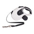 Retractable dog leash with waste bag holder, black and white plastic design