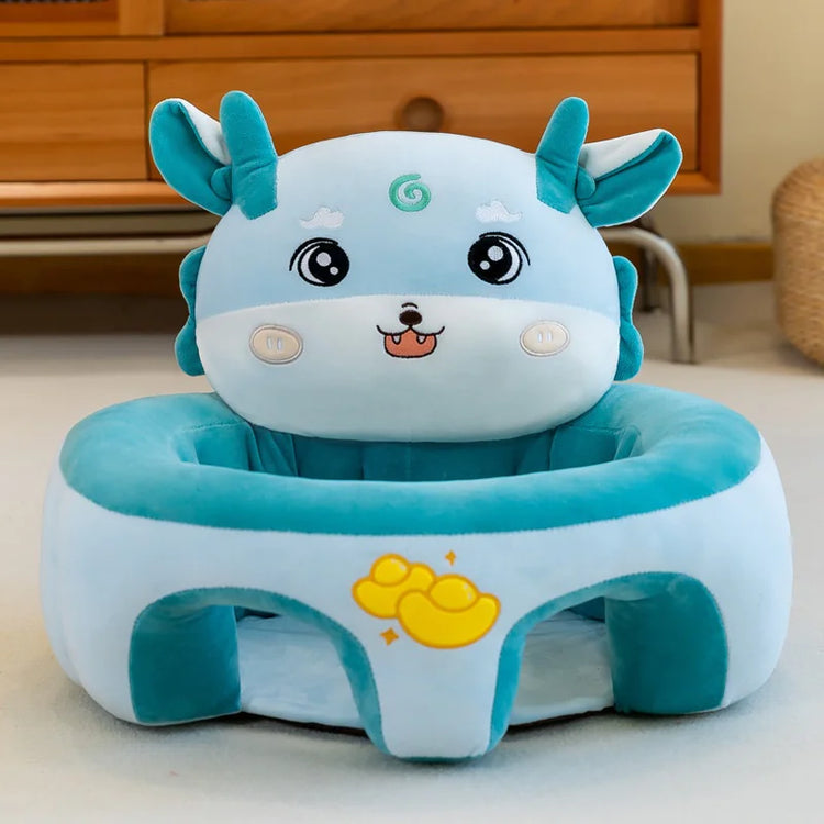 Plush blue animal-shaped baby sofa chair with cute embroidered face and yellow duck design