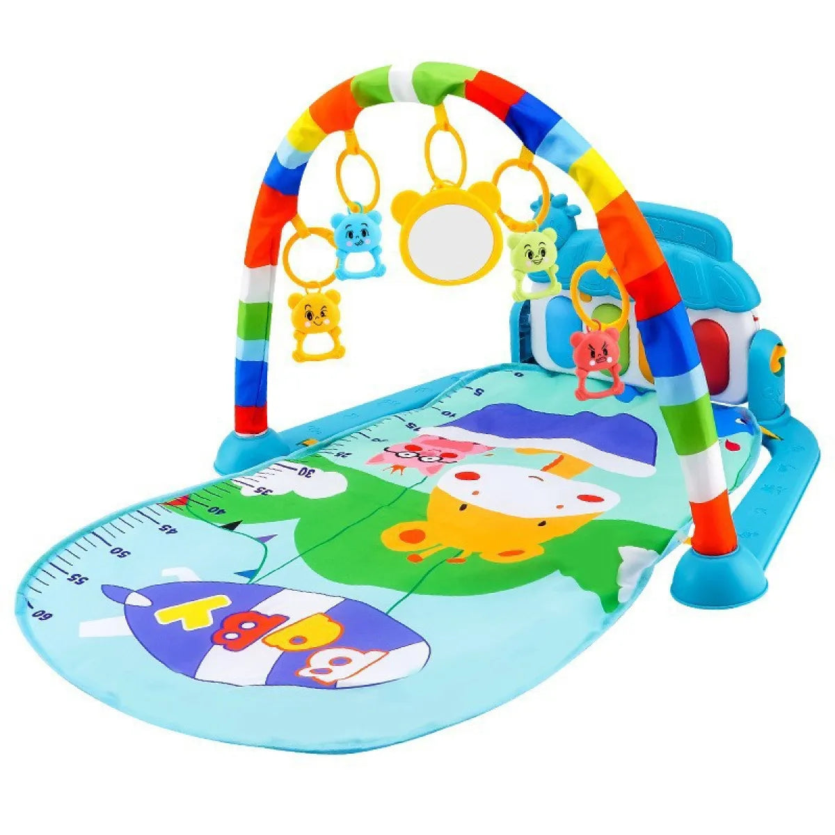 Colorful baby play gym mat with toy arch and animal print, ideal for infants