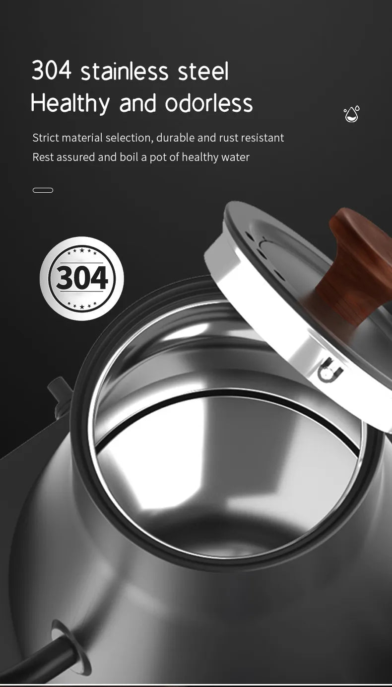 304 stainless steel kettle with open lid, durable and odorless, on dark background