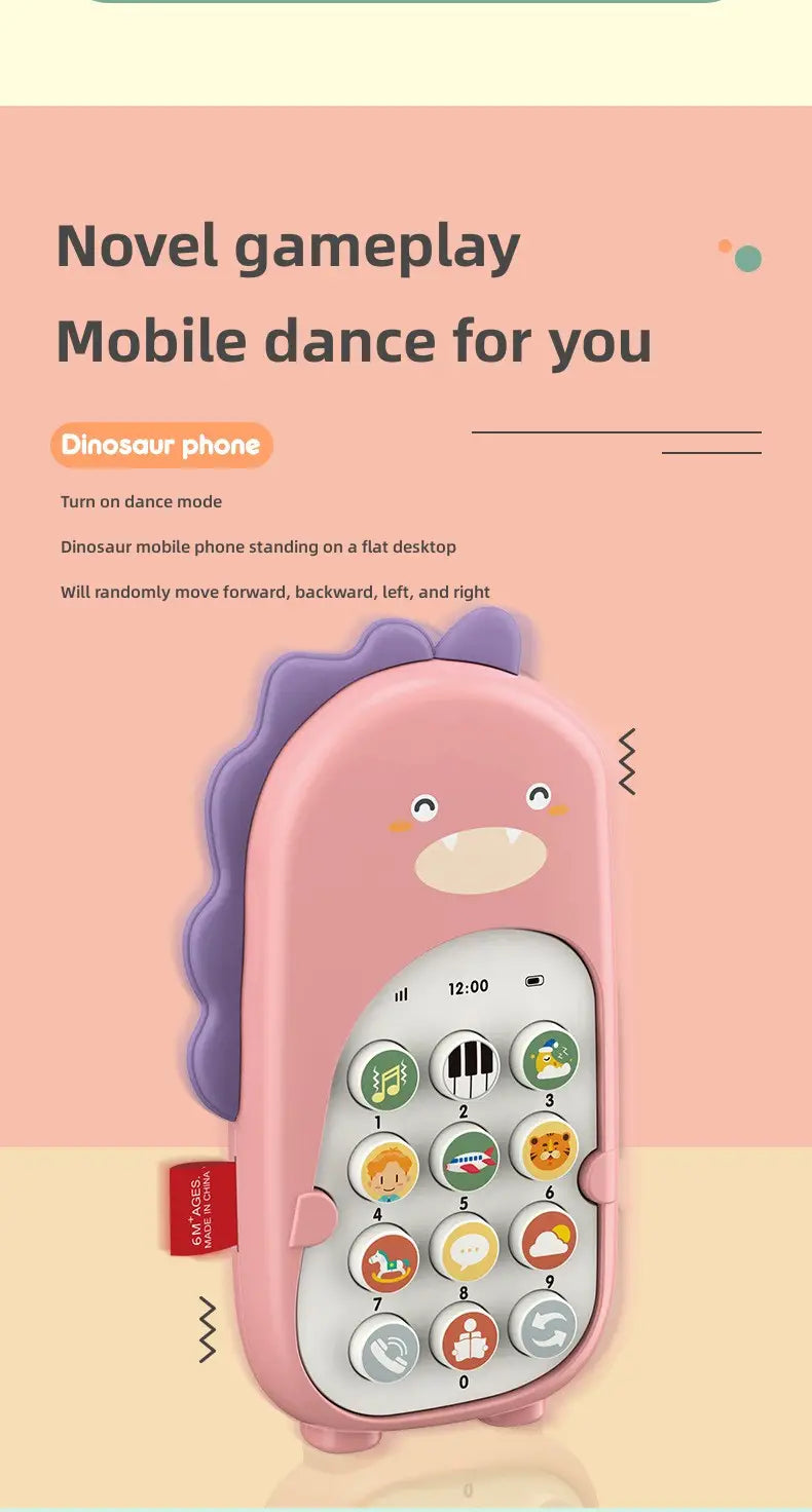 Pink dinosaur-shaped toy mobile phone for kids with playful button design