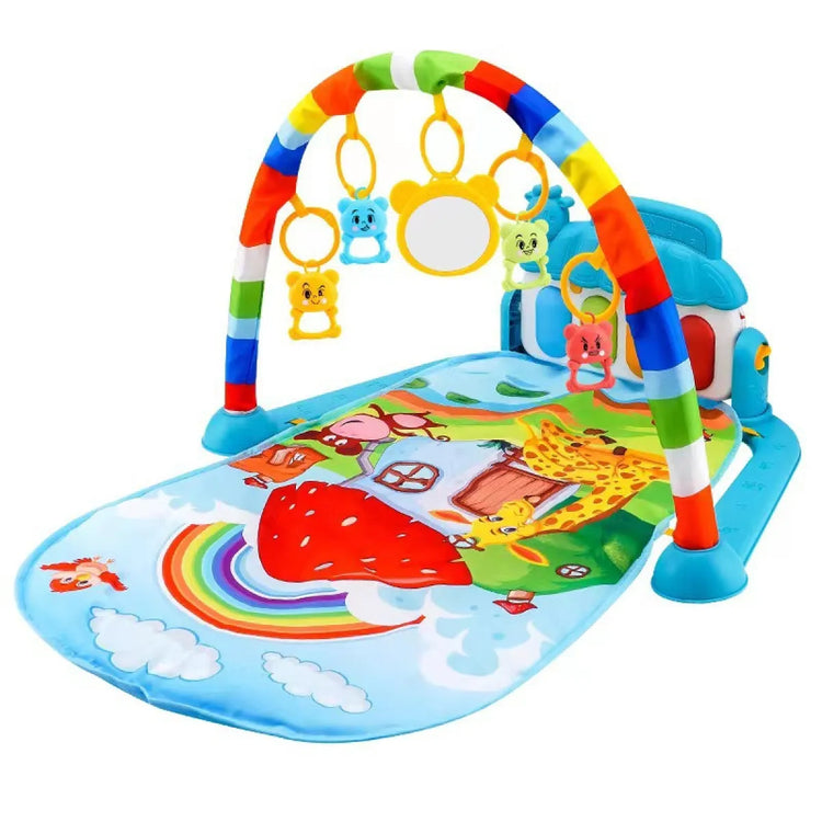 Colorful baby play mat with rainbow arch, animal toys, and illustrated animal scene