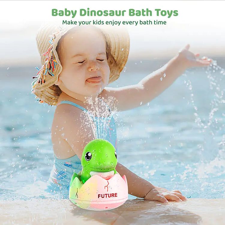 Baby playing in pool with green dinosaur bath toy spraying water