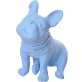 Light blue French bulldog figurine with collar on white background