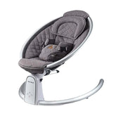 Modern gray baby rocker chair with safety harness and quilted cushion on a white base