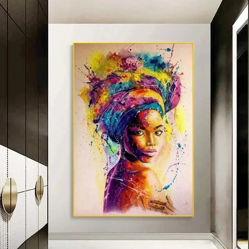 Colorful abstract painting of woman with vibrant headwrap hanging in modern hallway