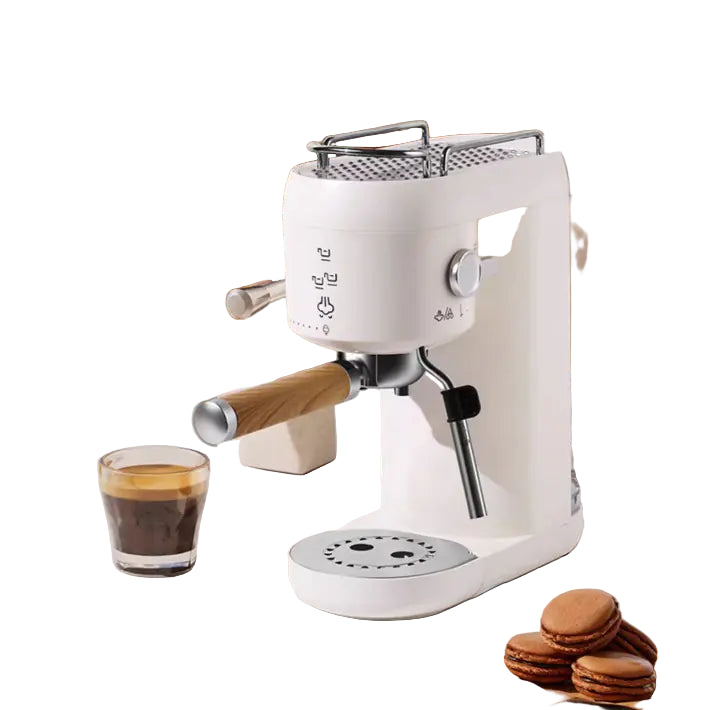 Modern white espresso machine with wood handle on kitchen counter, cup of coffee, macarons