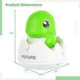 Cute green dinosaur toy in an egg shell, labeled FUTURE, with product dimensions 4.9x4.1 inches
