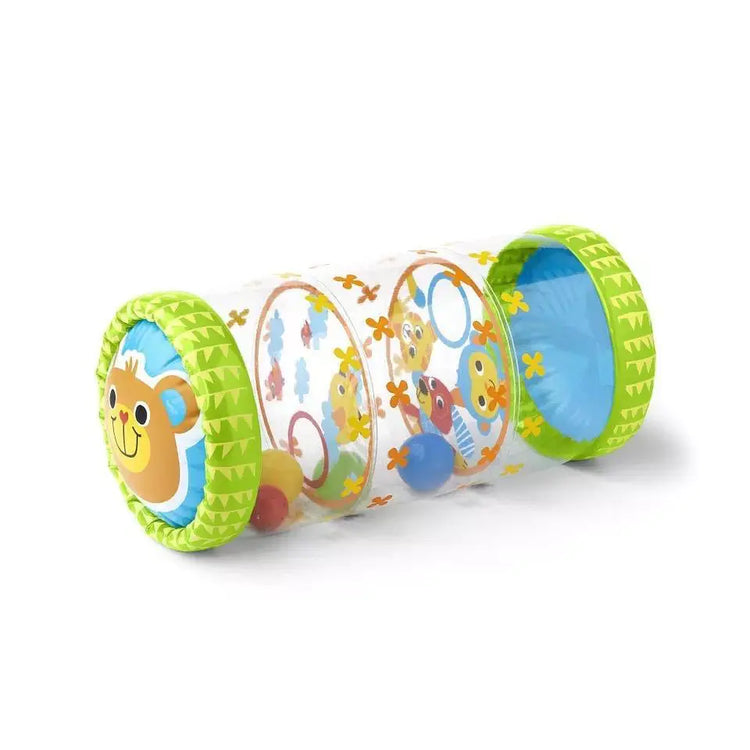 Inflatable baby play roller with animal prints, green ends, and colorful balls inside