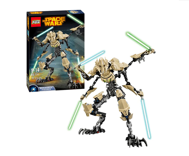 Space Wars building block figure with four lightsabers and product box on white background