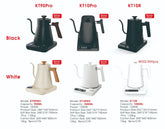 Electric gooseneck kettle models KT90Pro, KT10Pro, KT10R in black and white, on heated bases