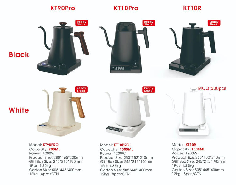 Electric gooseneck kettle models KT90Pro, KT10Pro, KT10R in black and white, on heated bases