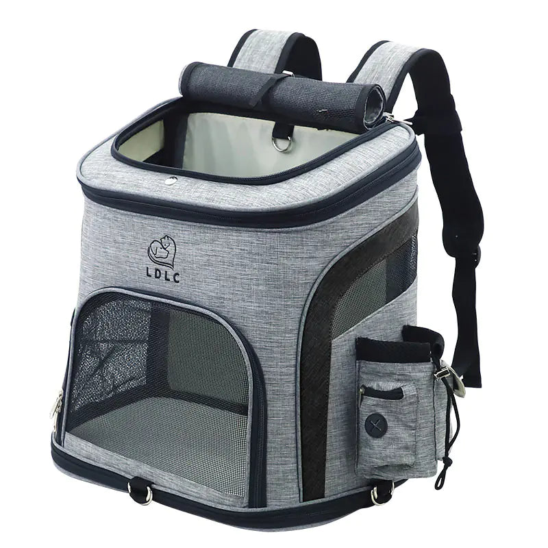 Gray pet carrier backpack with mesh windows, front pocket, and padded straps