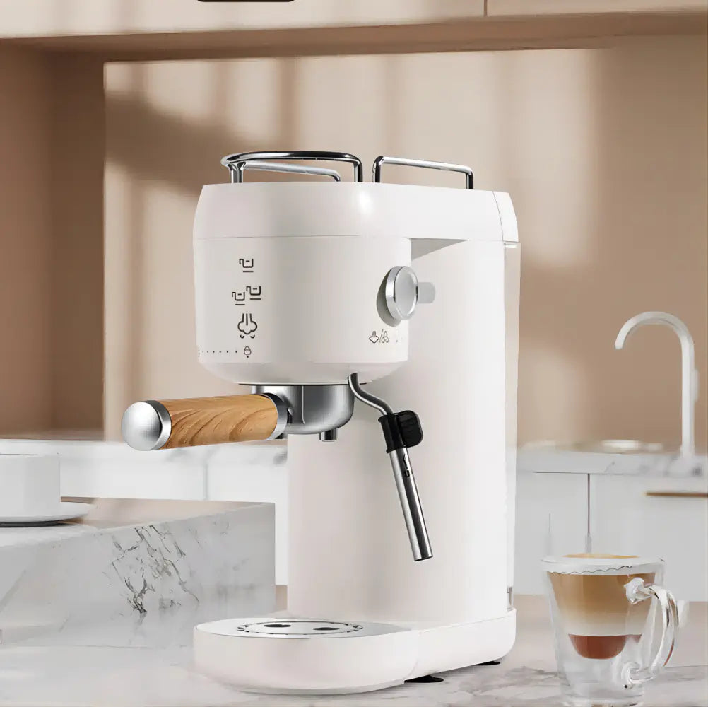Modern white espresso coffee machine with wooden handle on kitchen counter, latte beside it