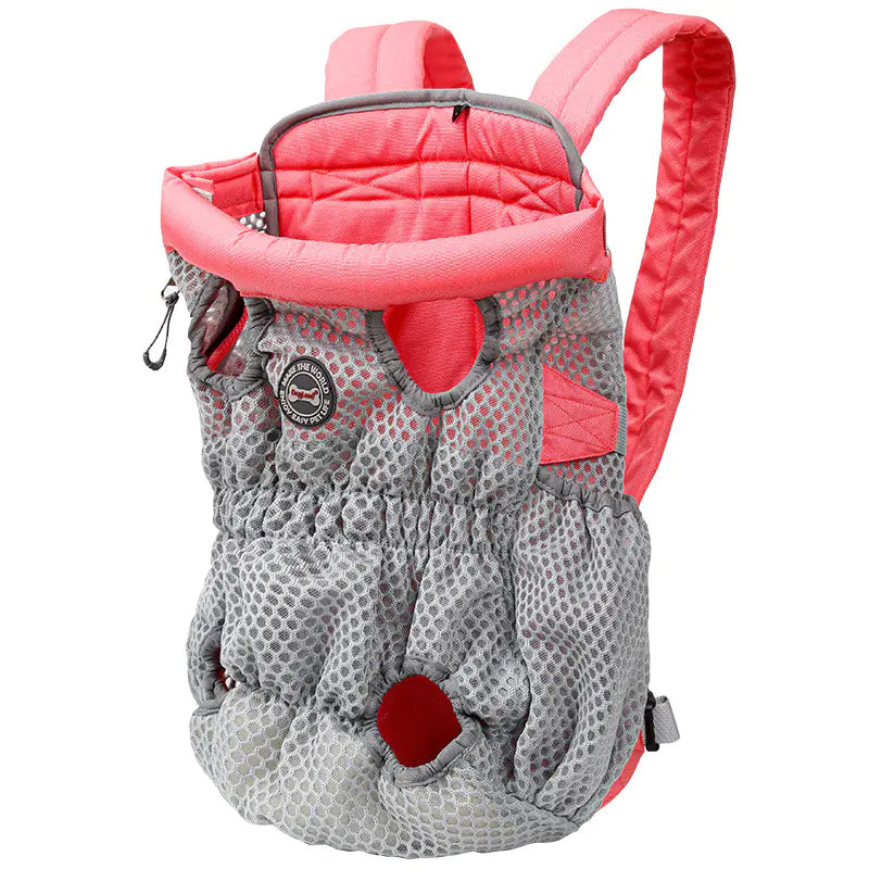 Gray and pink mesh pet carrier backpack with padded straps and leg openings