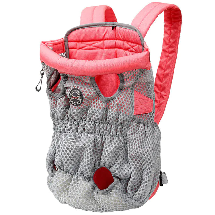 Gray and pink mesh pet carrier backpack with padded straps and leg openings