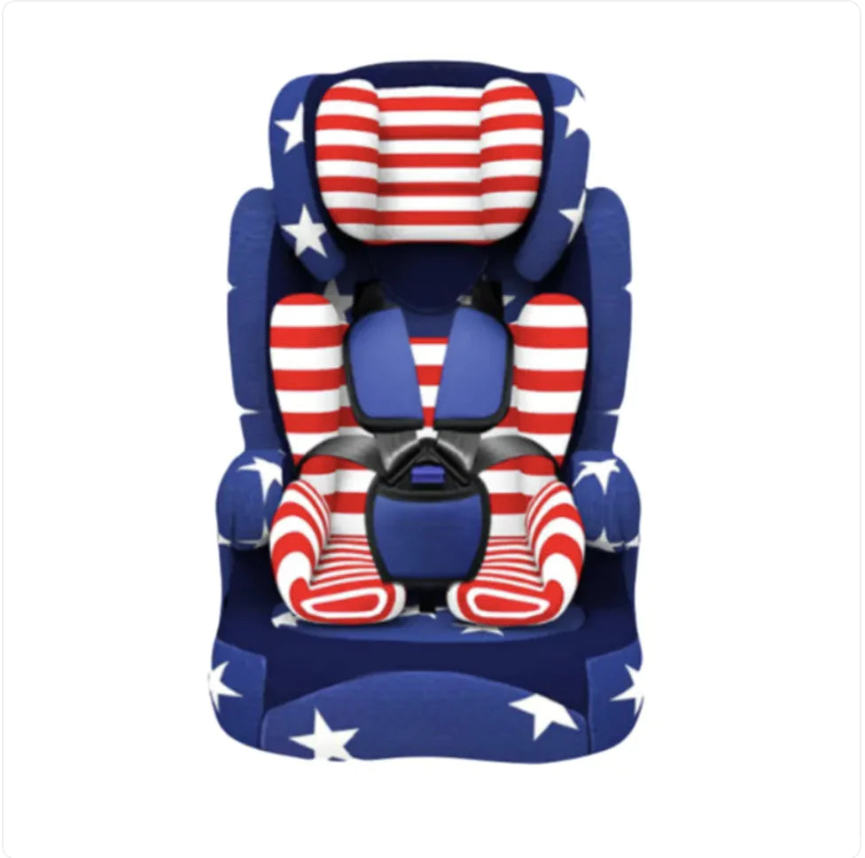 Patriotic child car seat with red and white stripes, blue background, and white stars pattern