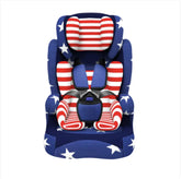 Patriotic child car seat with red and white stripes, blue background, and white stars pattern