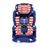 Patriotic child car seat with red and white stripes, blue background, and white stars pattern