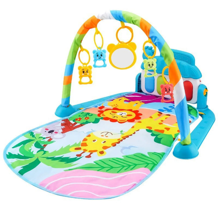 Colorful baby play gym with animal print mat, hanging toys, and activity arch