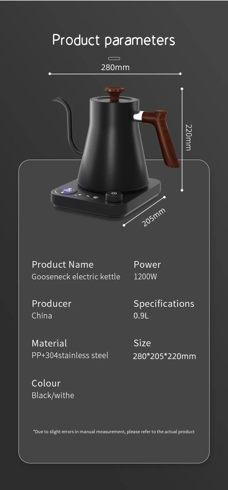 Black gooseneck electric kettle with wooden handle, digital base, and product specifications.