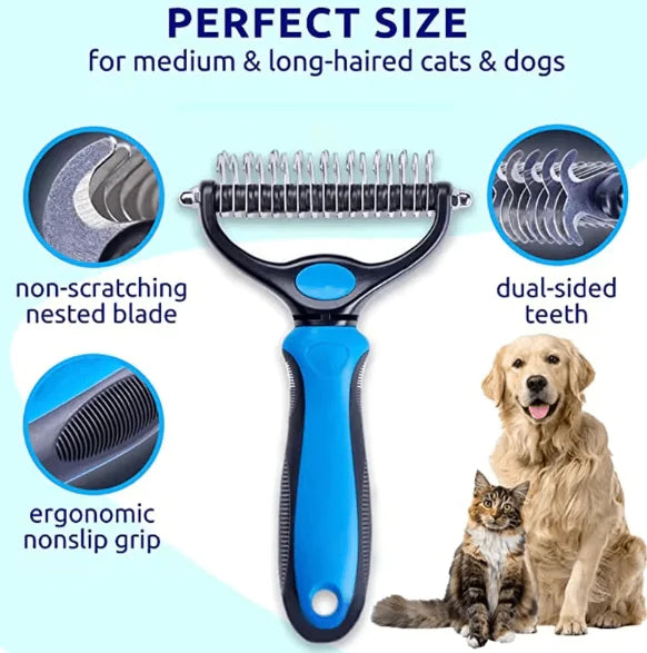 Pet grooming tool with blue handle, dual-sided teeth, for cats and dogs, non-scratch blade