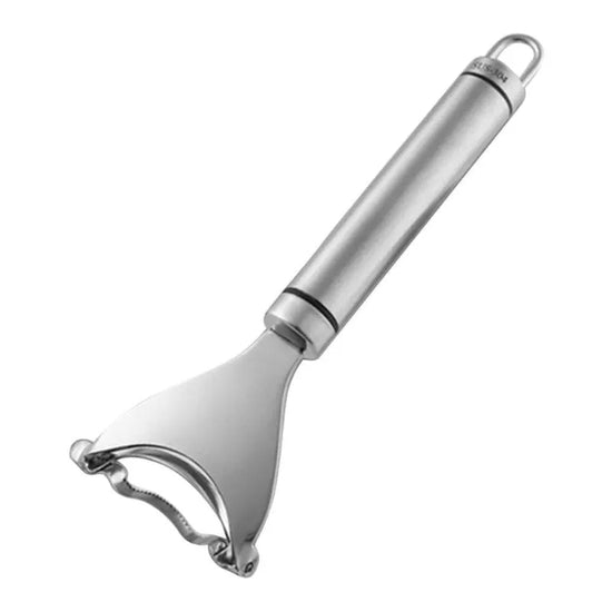 Stainless steel vegetable peeler with ergonomic handle on white background