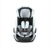 Gray and black child car seat with padded headrest and harness on white background
