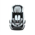 Gray and black child car seat with padded headrest and harness on white background