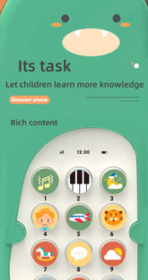 Dinosaur-themed kids toy phone with educational buttons and bright cartoon icons