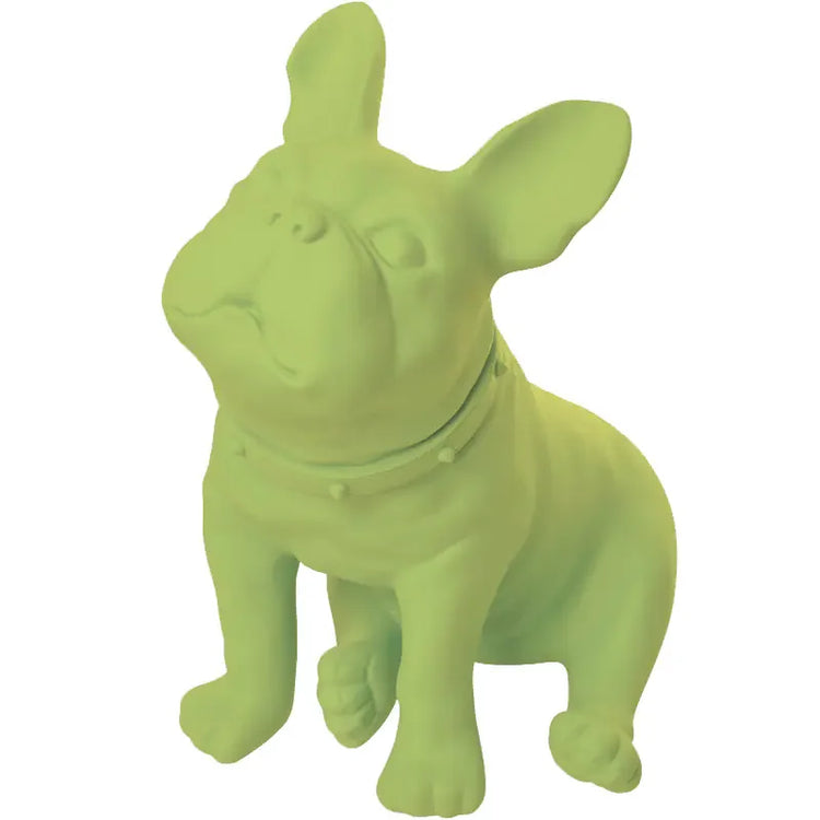 Green French bulldog figurine with spiked collar on white background