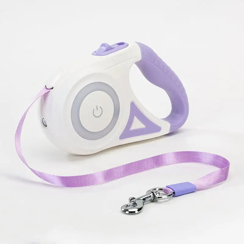 White and purple retractable dog leash with a power button on a white background