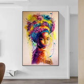 Colorful abstract portrait painting of woman with headwrap on white wall in modern room